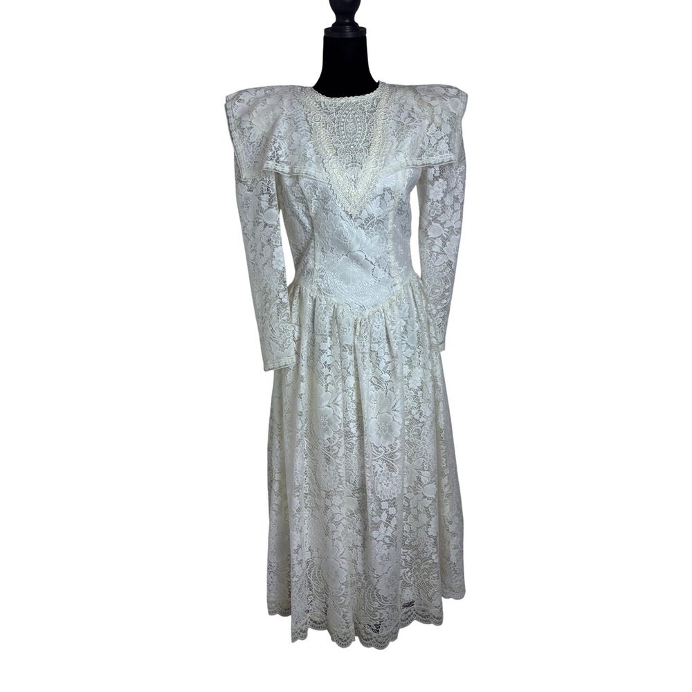 Jessica McClintock Lace Midi Dress Womens 7 Ivory Vintage 80s Long Sleeve Bib